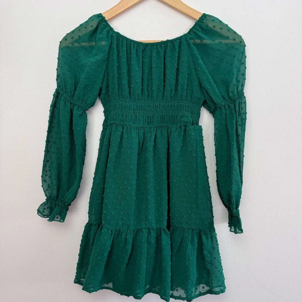 NWT Green Swiss Dot Mesh Long-Sleeve Tiered Puff Sleeve Mini Dress Girls Size 8